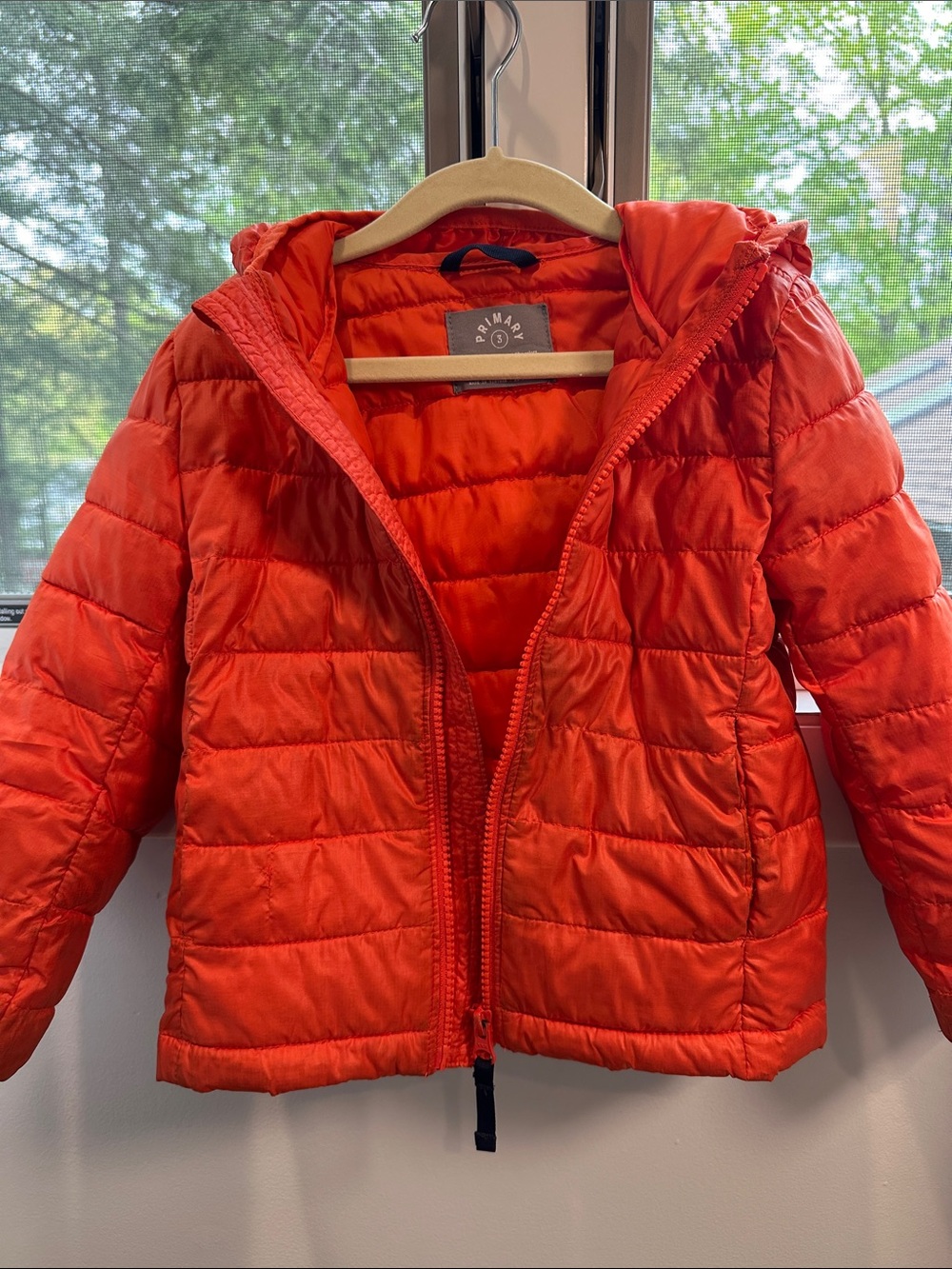 Primary Lightweight Puffer, Orange Hooded Kids Jacket, Size 3T